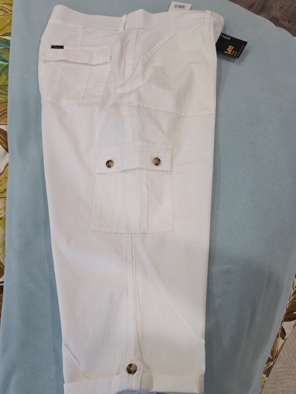 Lee Wowen's White Cargo Pants with Button Flap Pockets & Comfort Waist